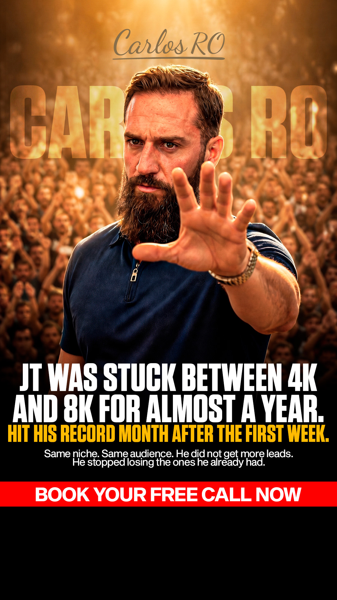 Ocelote Facebook ad: 12 months of nothing. 1 week. Record month. Book the call.