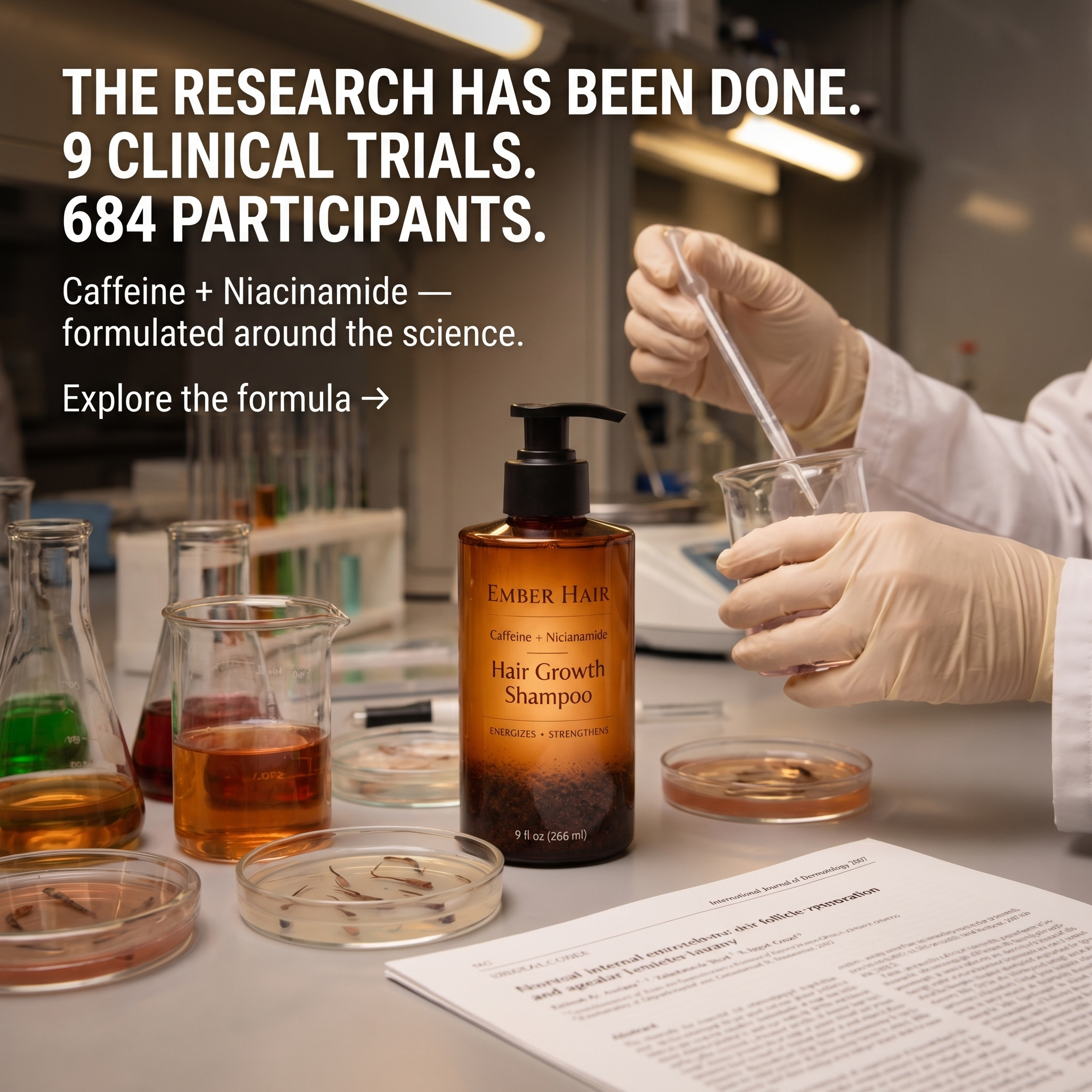 Ember Hair Co. Facebook ad: 9 clinical trials. 684 participants. Your shower.