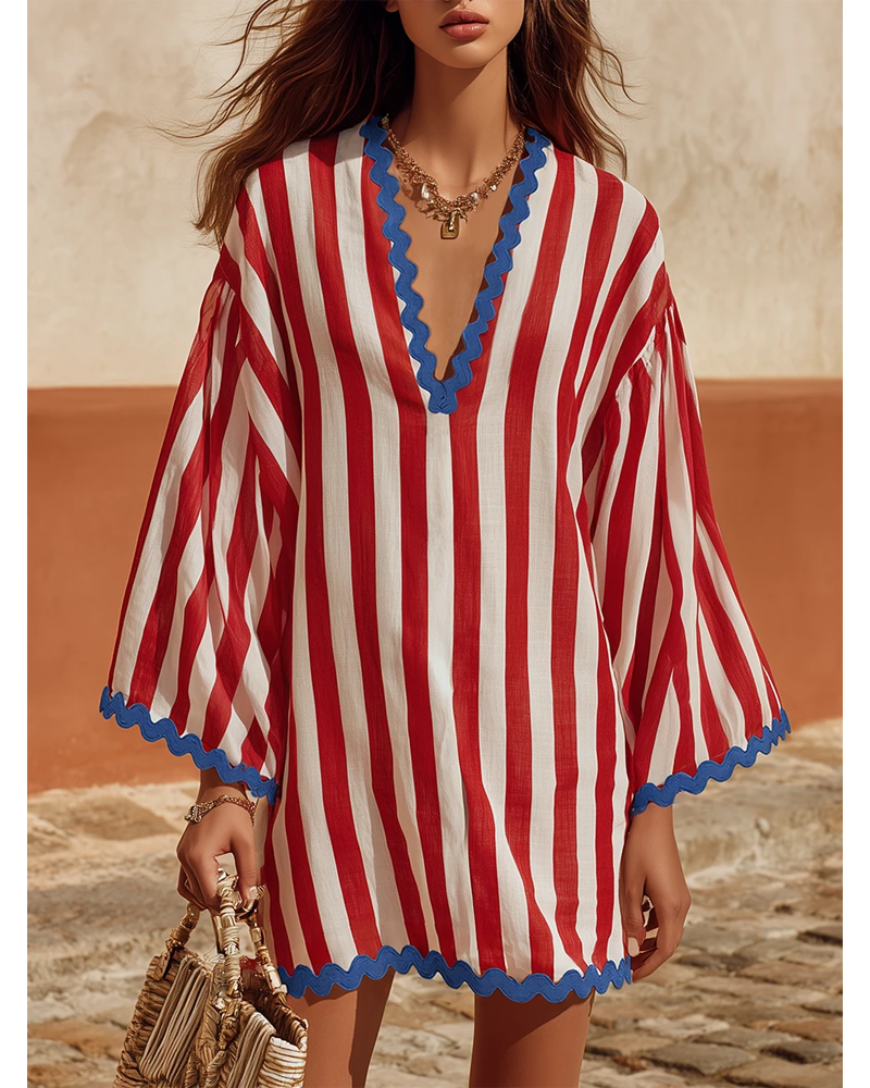 LuneMuse Facebook ad: Retro Classic Color-blocked Striped V-neck Mini Dress