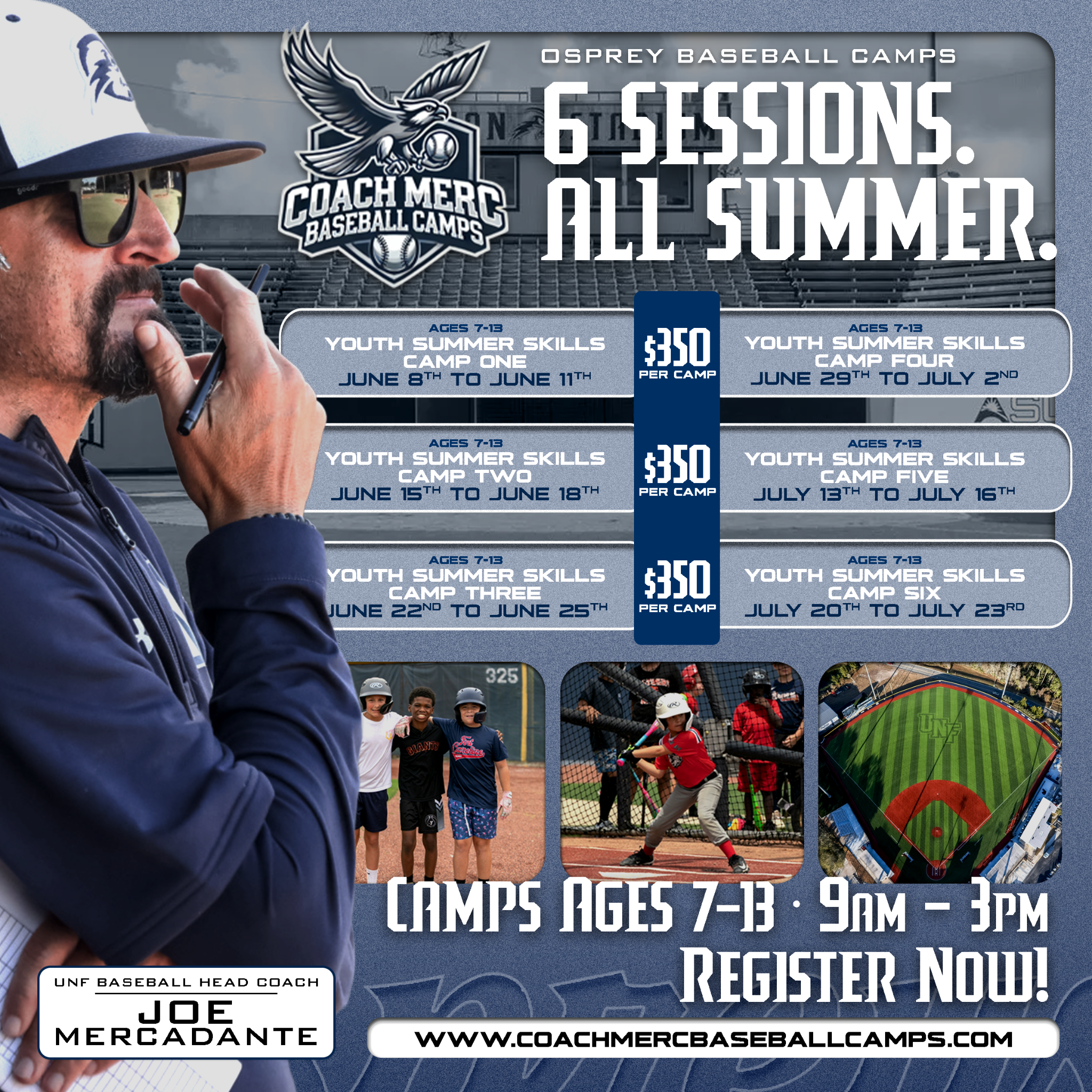 Osprey Baseball Camps With Coach Merc Facebook ad: Real D1 UNF Coaching. Ages 7-13.
