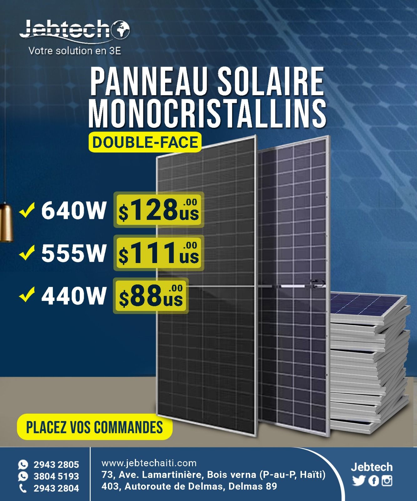 Jebtech Facebook ad: Pano Solèy Monocrystallin Doub-Fas Pouvwa Solèy la nan…