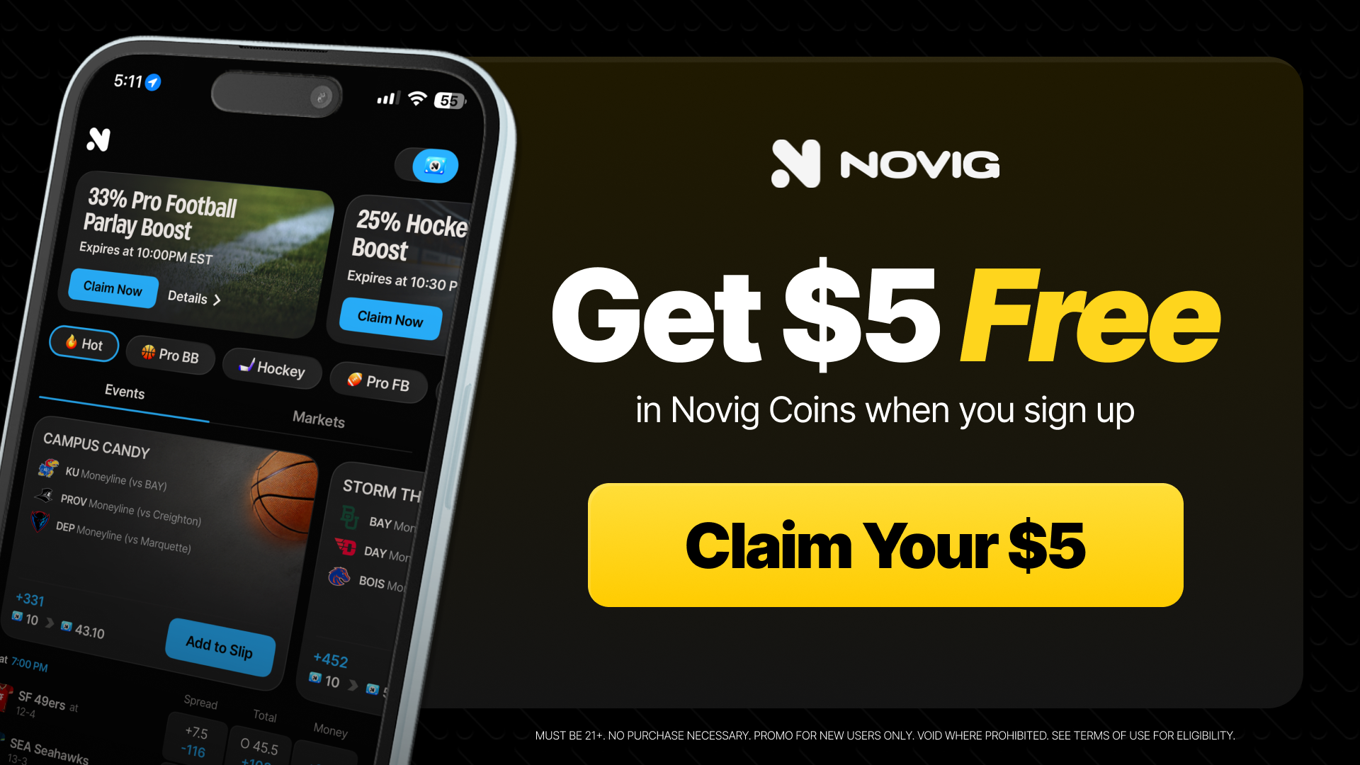 Novig App Facebook ad: Get $5 in Novig Coins Free-No Deposit Required