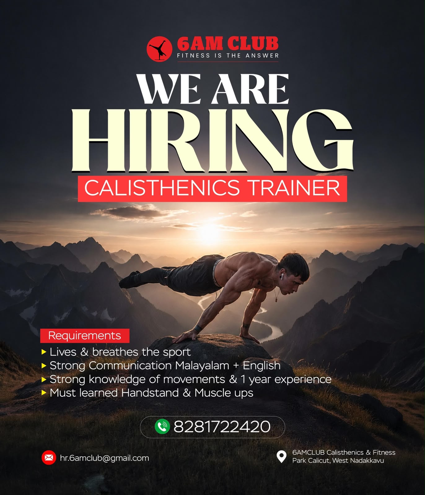 6AM CLUB Facebook ad: Calisthenics Trainer Job Vacancy in Calicut