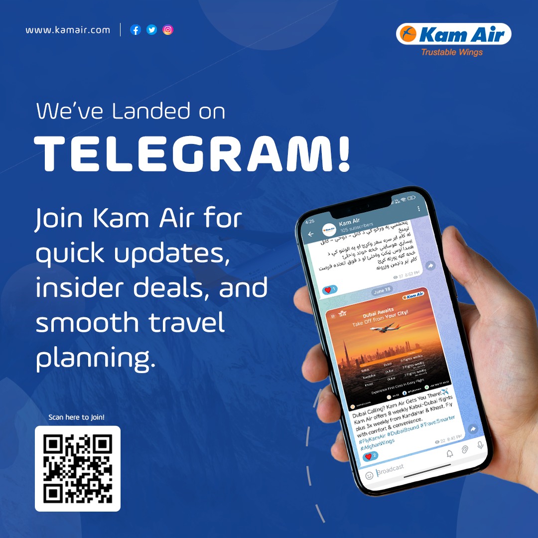 Kam Air Facebook ad: Kam Air is now on Telegram!