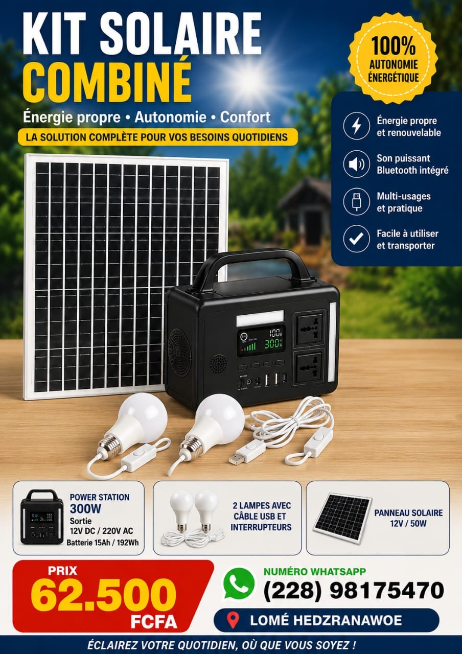 Monpetitprix Facebook ad: Promotion: (62.500f) KIT SOLAIRE COMBINÉ DISPONIBLE À LOMÉ!