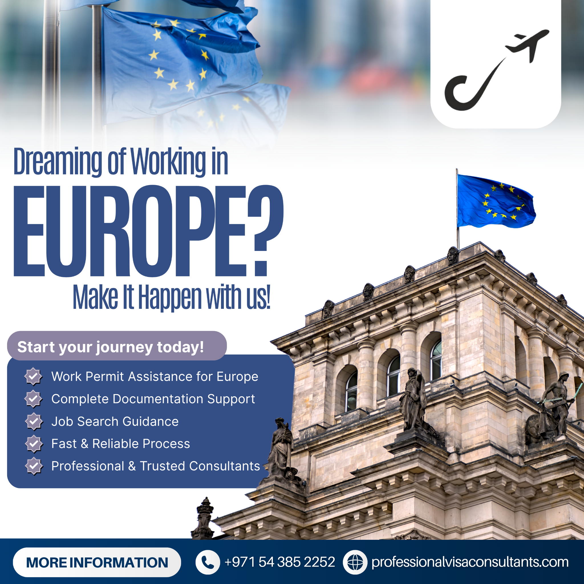 Professional Visa Consultant Facebook ad: Europe Work Permit Made Easy, Apply with Experts Today!