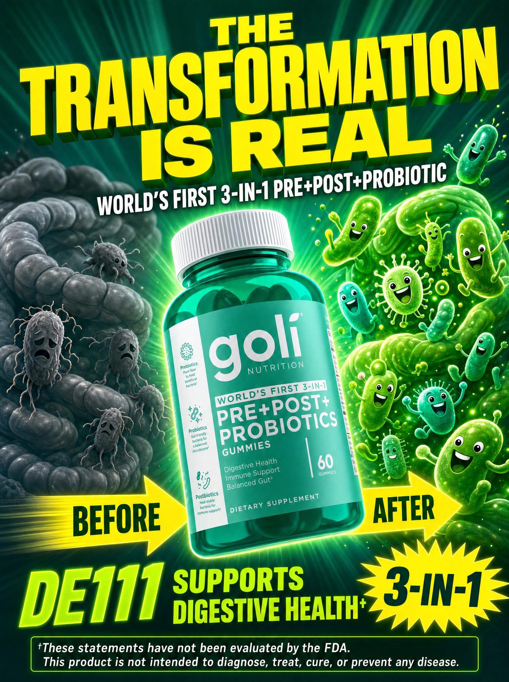 Goli Facebook ad: Three Biotics. One Gummy. World's First.