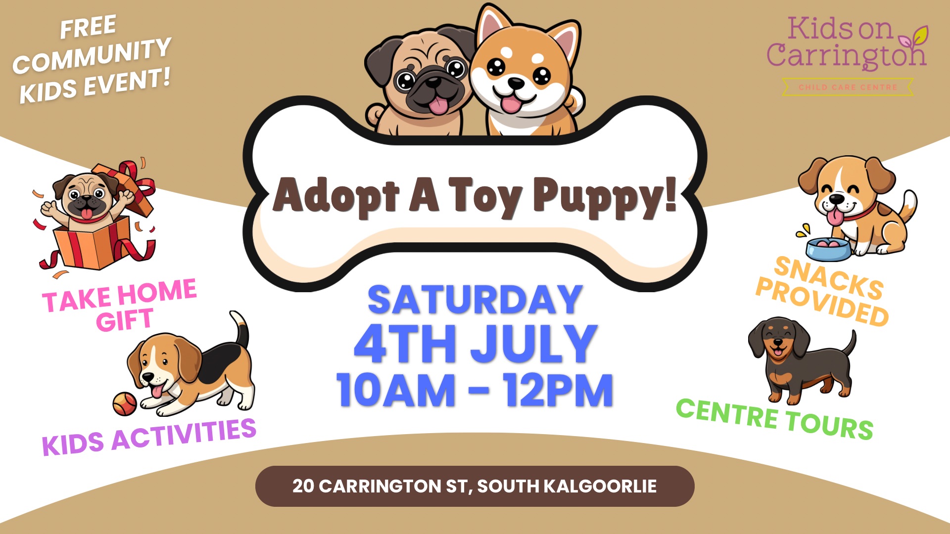 Kids on Carrington Child Care Facebook ad: Adopt A Toy Puppy! Free Kids Community Event