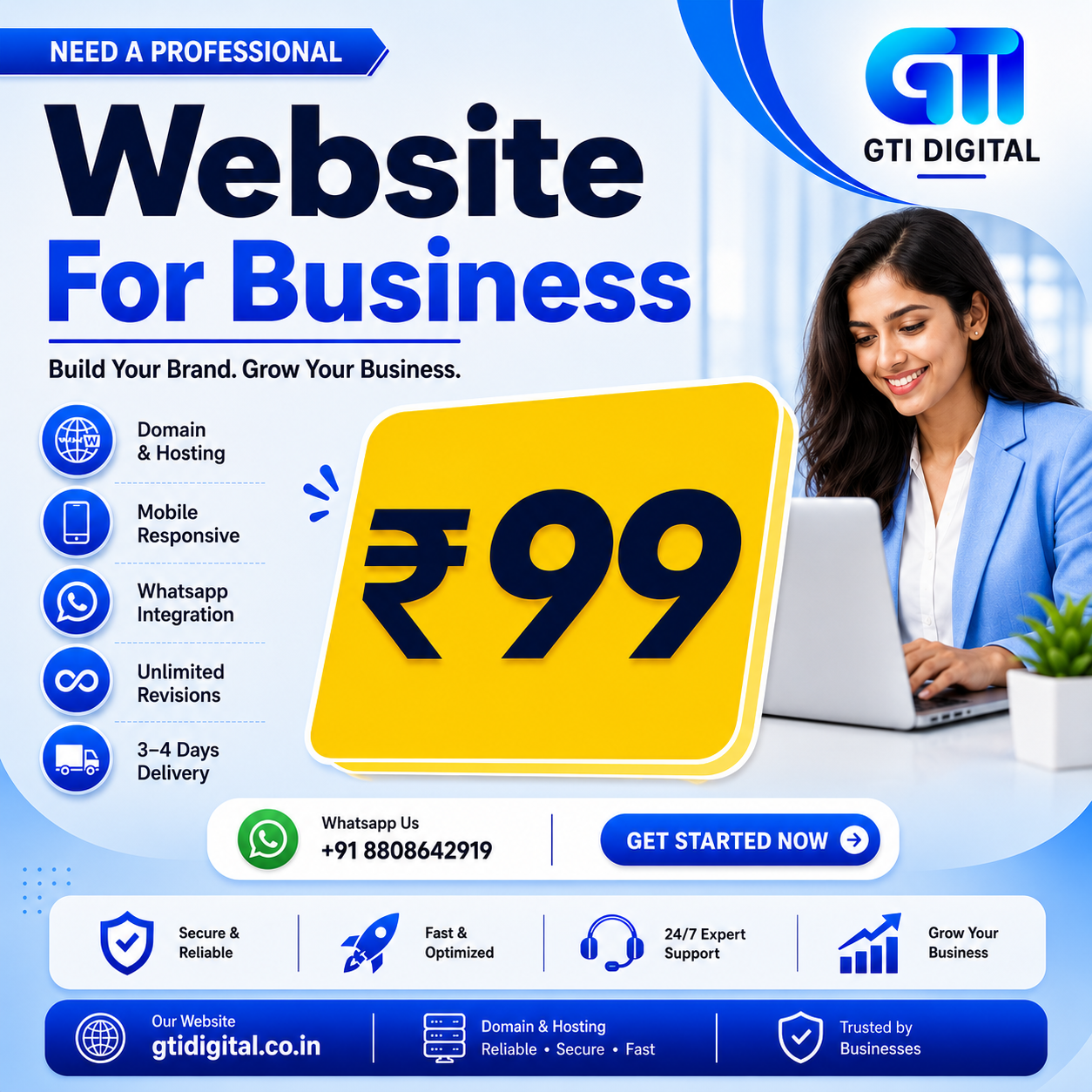 GTI Digital Facebook ad: WhatsApp Now & Get Your Website at ₹99