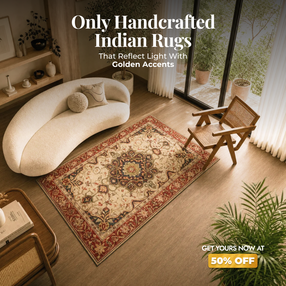 PittariSpaces Facebook ad: Flat 50% Off on Gold-Pressed Luxury Rugs