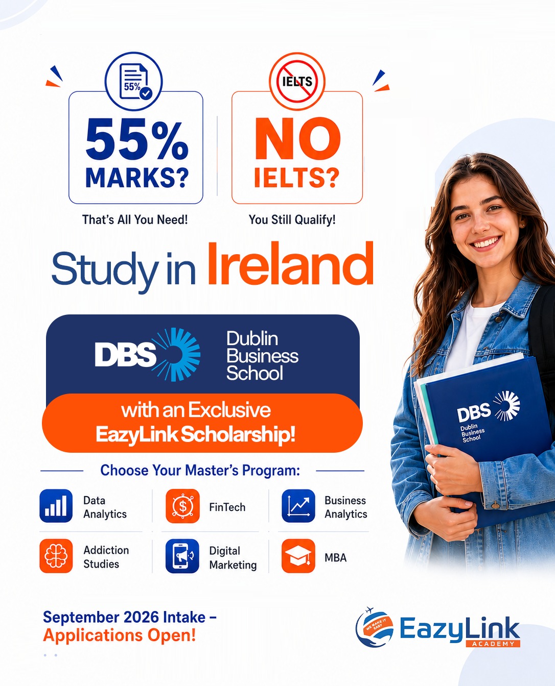 Eazylink TN Facebook ad: Study in Ireland with Just 55% Marks!