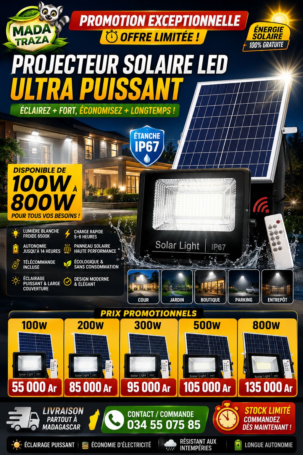 TRAZA Madagascar Facebook ad: PROMOTION EXCEPTIONNELLE, PROJECTEUR SOLAIRE LED ULTRA…