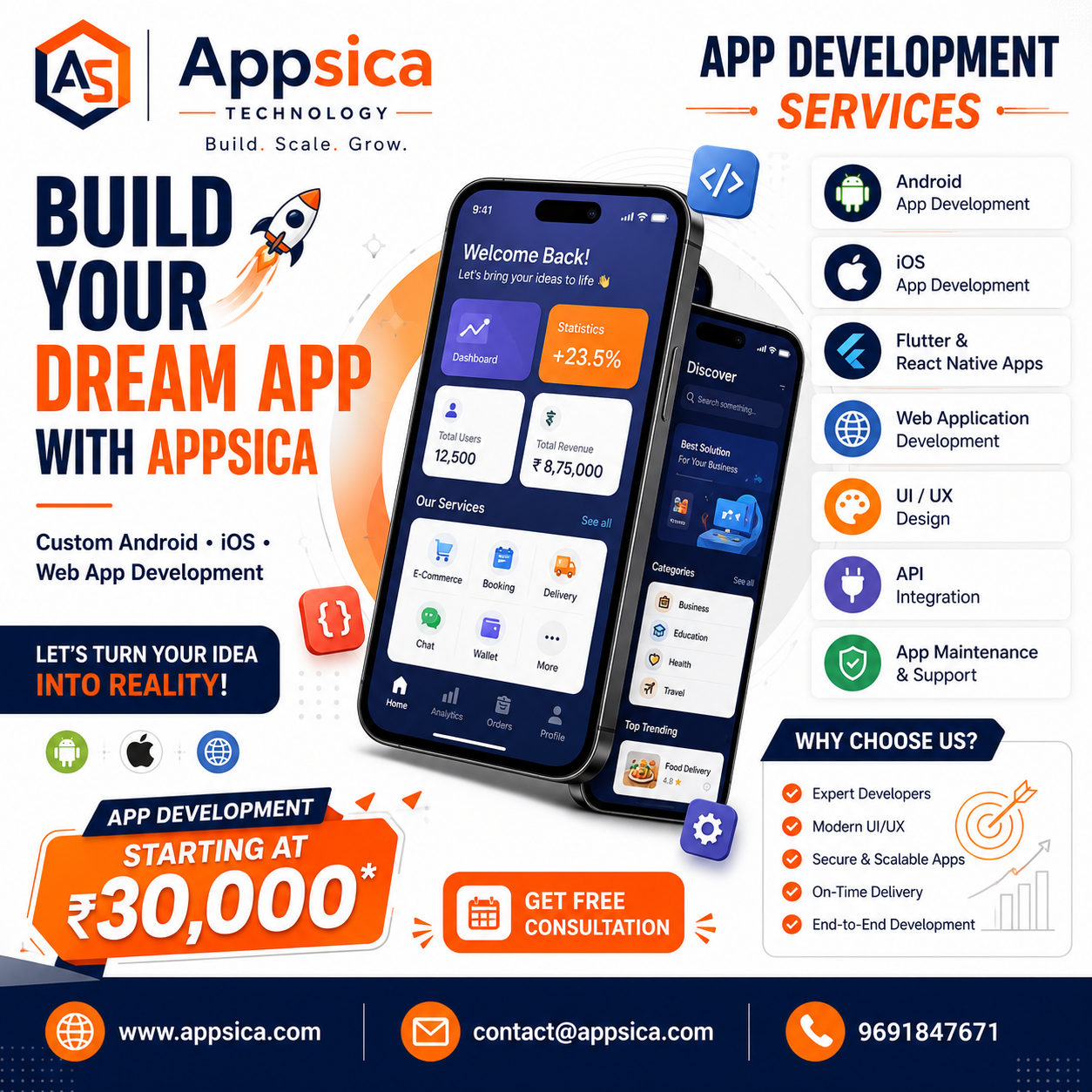 Appsica Facebook ad: Launch Your Mobile App Faster with Appsica.