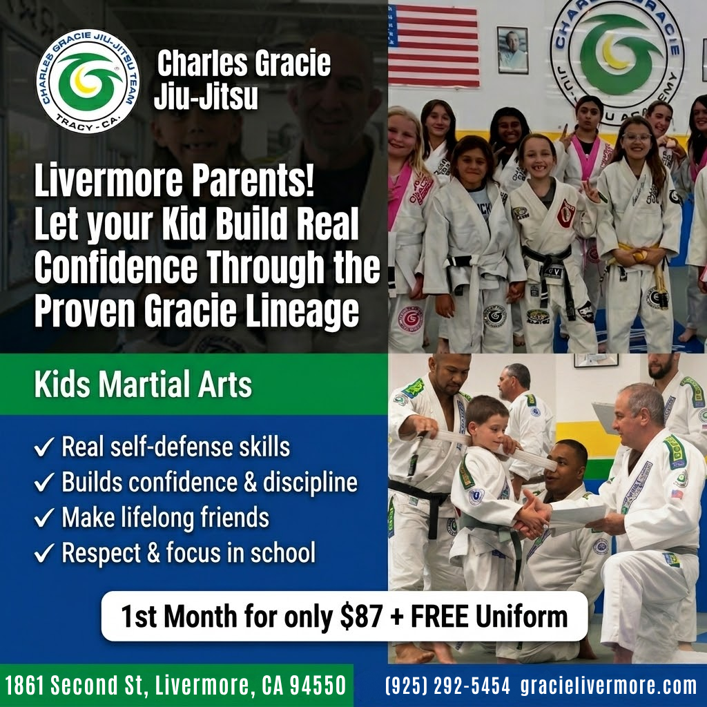 Charles Gracie Jiu-Jitsu Academy Livermore Facebook ad: 1st Month $87 + FREE Uniform, Limited Spots