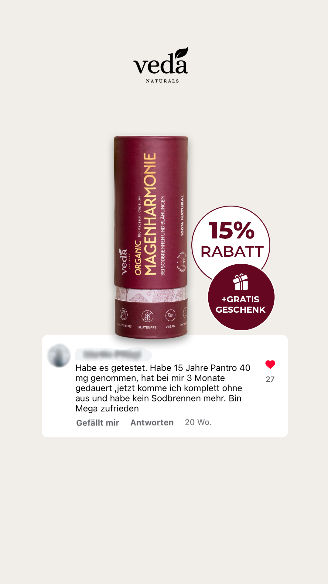 Veda Naturals Facebook ad: Verabschiede dich von Sodbrennen