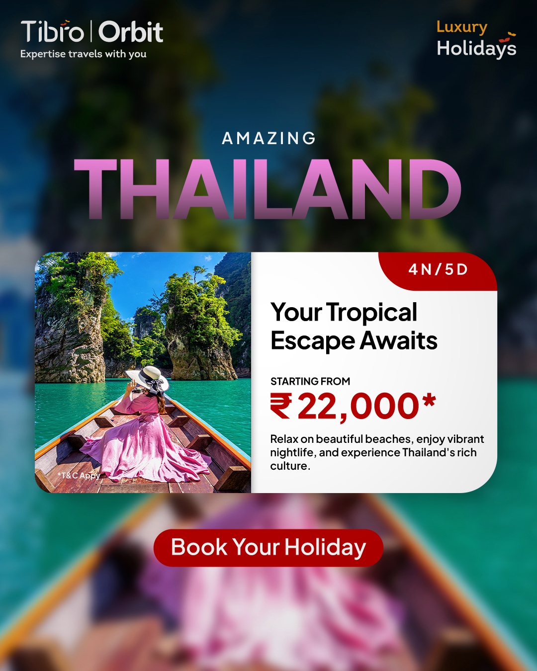 Tibro Facebook ad: Amazing Thailand 4N/5D @ ₹22,000*, Get Itinerary!