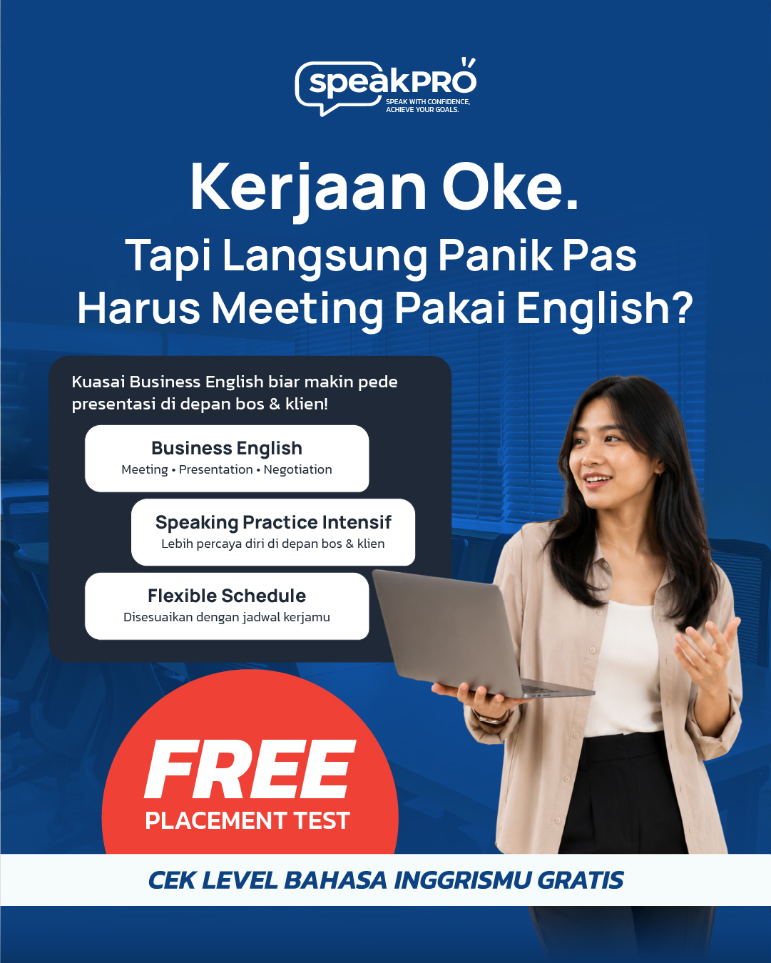 SpeakPro Facebook ad: Stop Panik! Kuasai Business English & Pede Meeting Sekarang!
