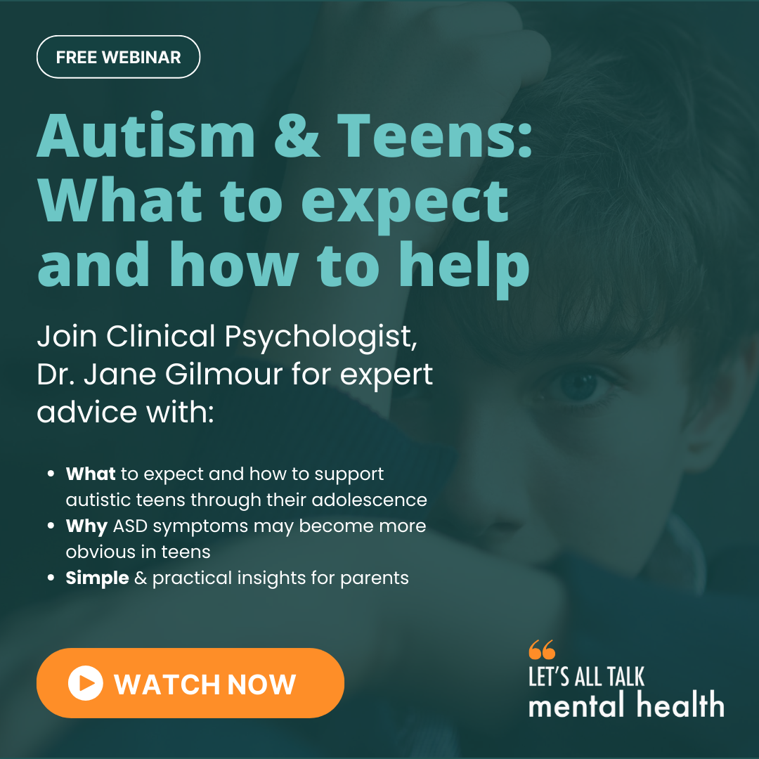 Let's All Talk Mental Health Facebook ad: Free Webinar: Autism & Teens - What to expect and how to…