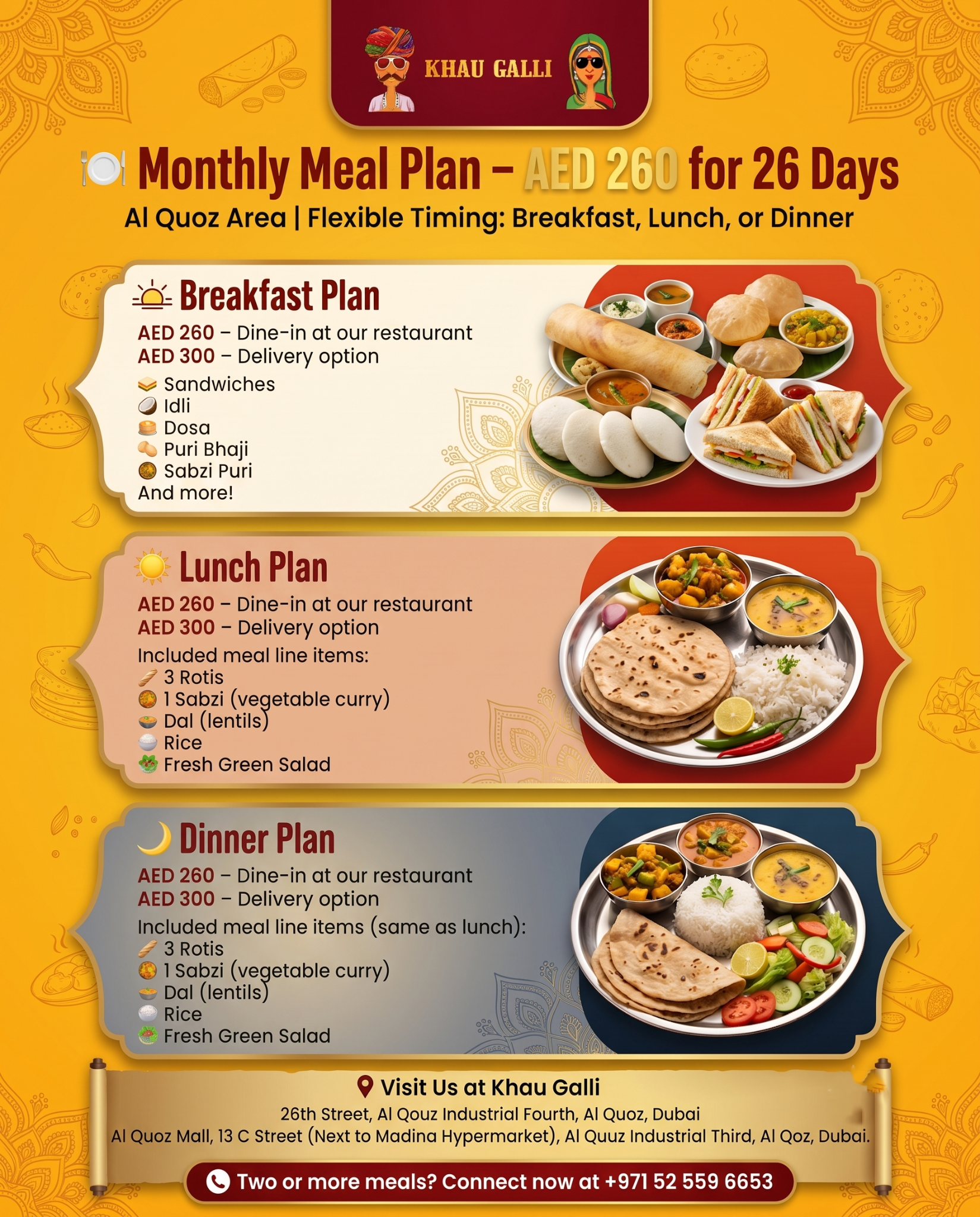 Khau Galli Dubai Facebook ad: AED 260 Monthly Meal Plan (26 Days)