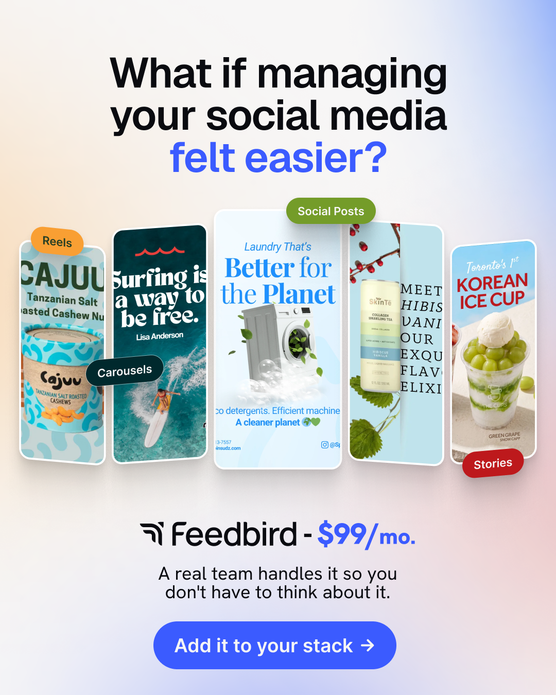 Feedbird Facebook ad: Social media, handled - $99/mo
