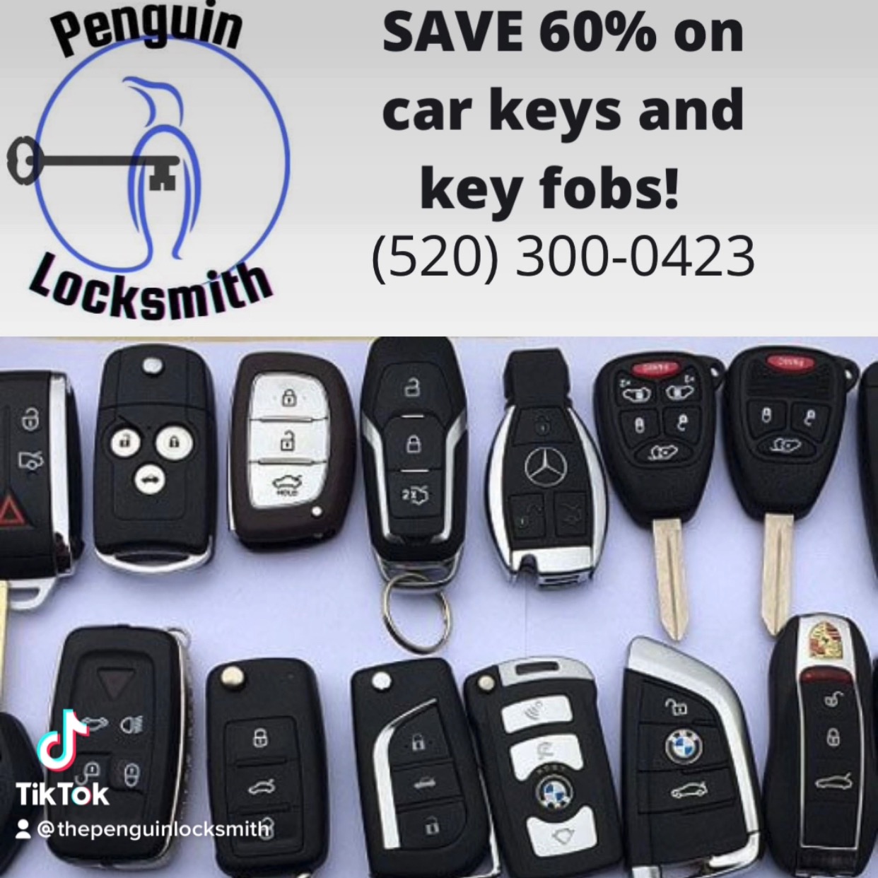 Penguin Locksmith Facebook ad: SAVE 65% on Car Keys! Cut, Programed and Delivered!