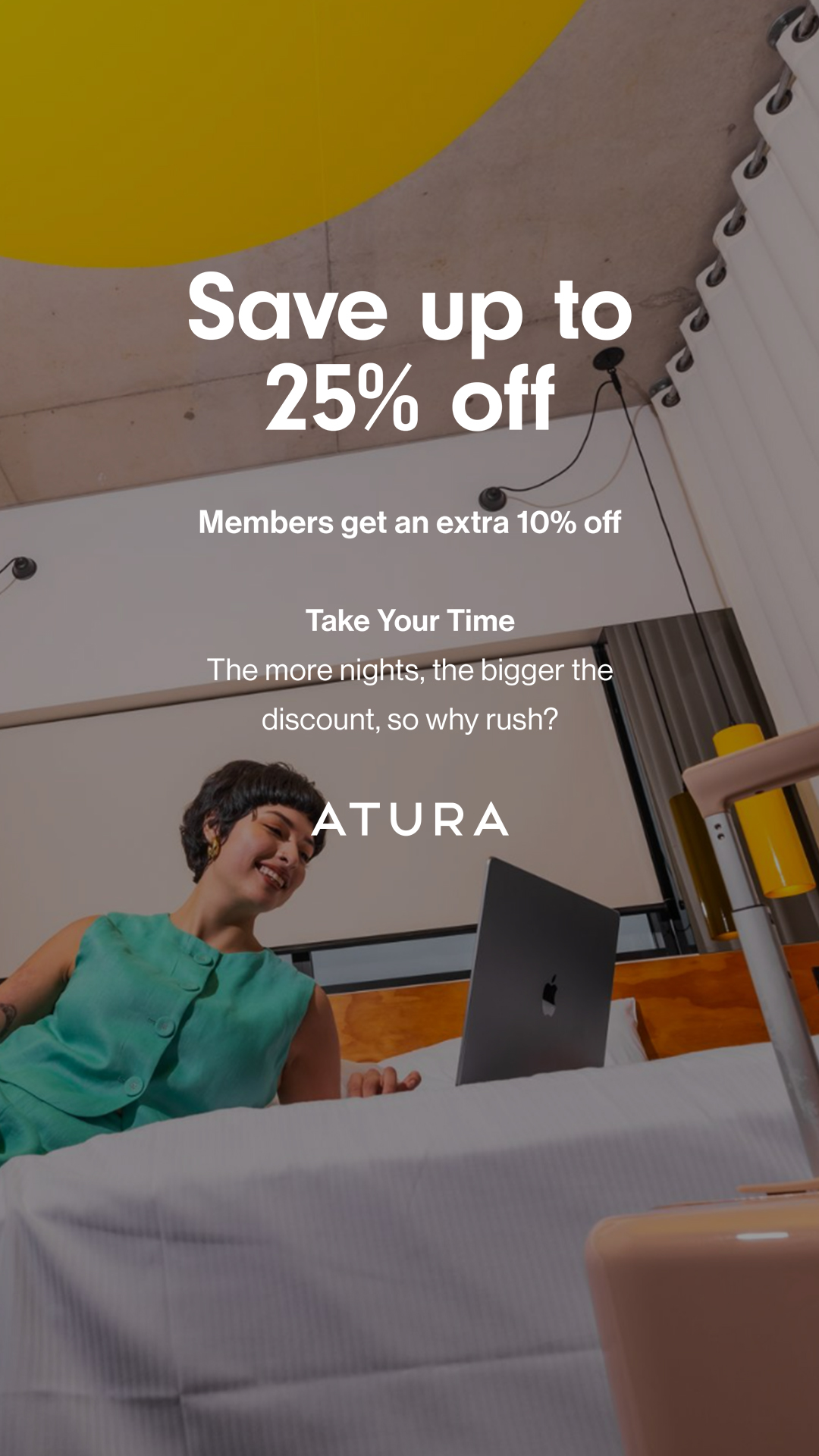 Atura Hotels Facebook ad: Take Your Time, Save More, Up to 25% Off