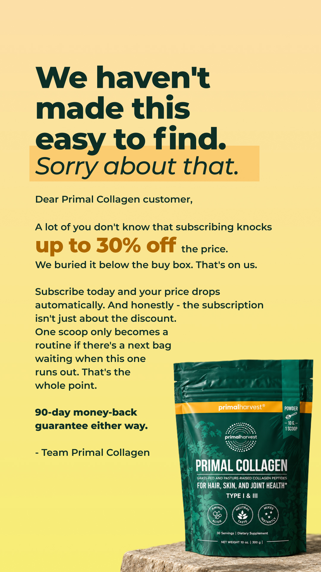 Primal Harvest Facebook ad: An apology, and 30% off.