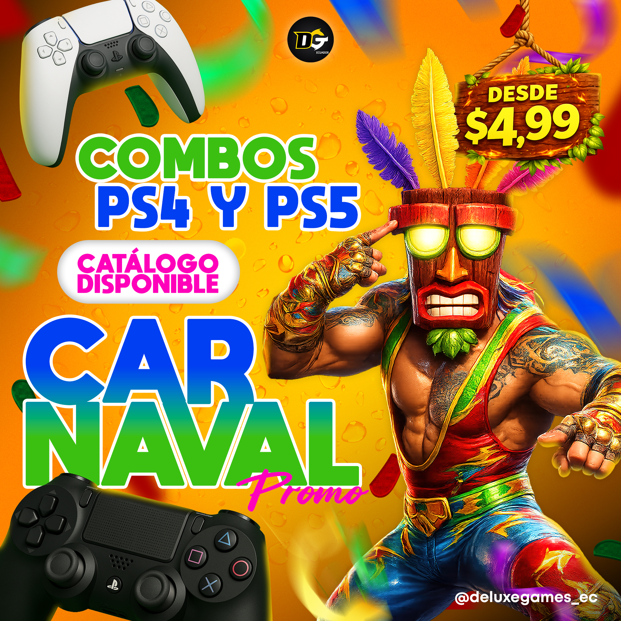 Deluxe Games Ecuador Facebook ad: COMBOS CARNAVAL 2026 PS4/PS5!