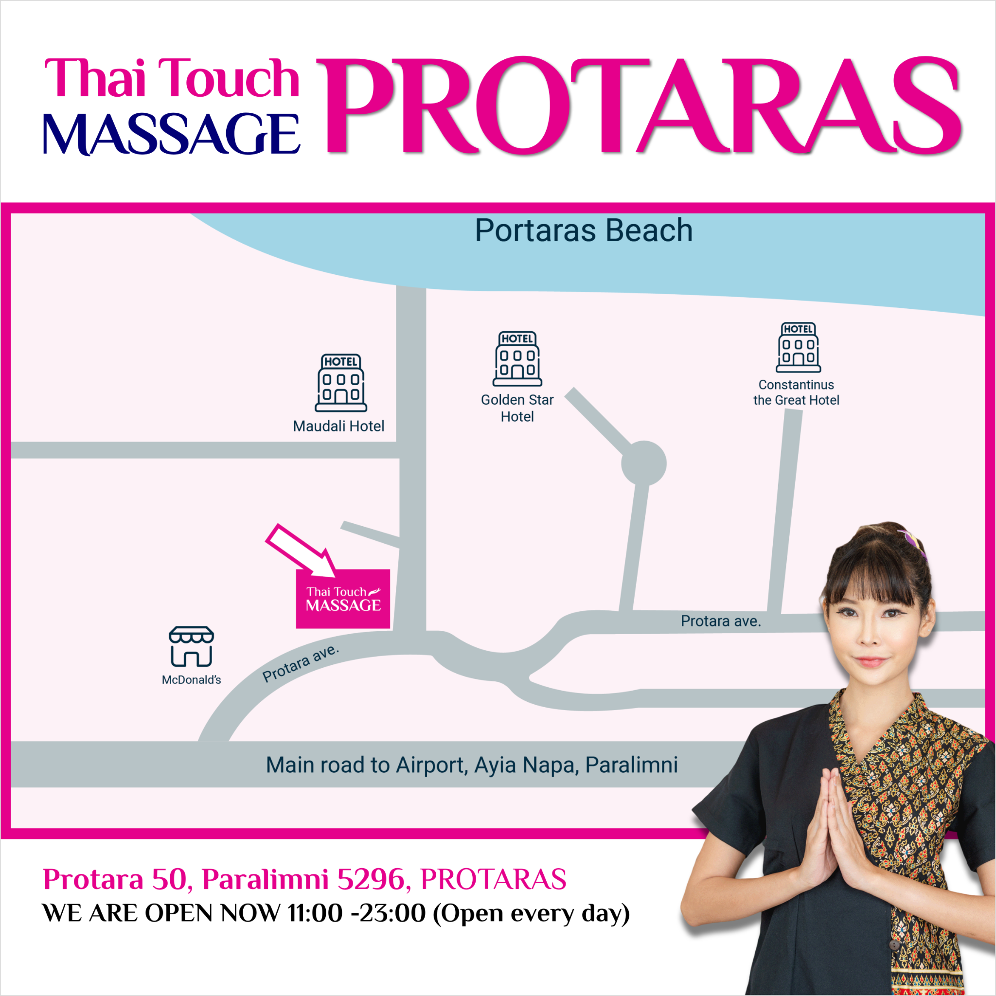 Thai Touch Massage Cyprus Facebook ad: Open all week including Sunday! 11 AM -11 PM.