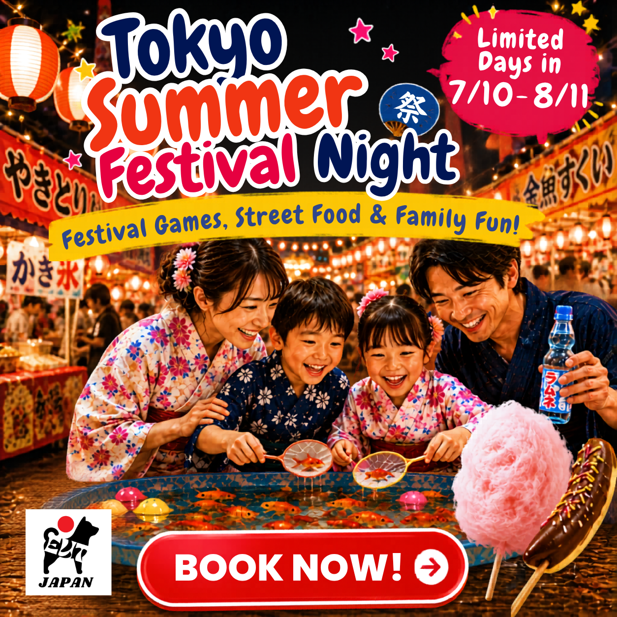 Enrich Your Travel Japan Facebook ad: Limited Tour Dates during 7/10 - 8/11! Family Festival…