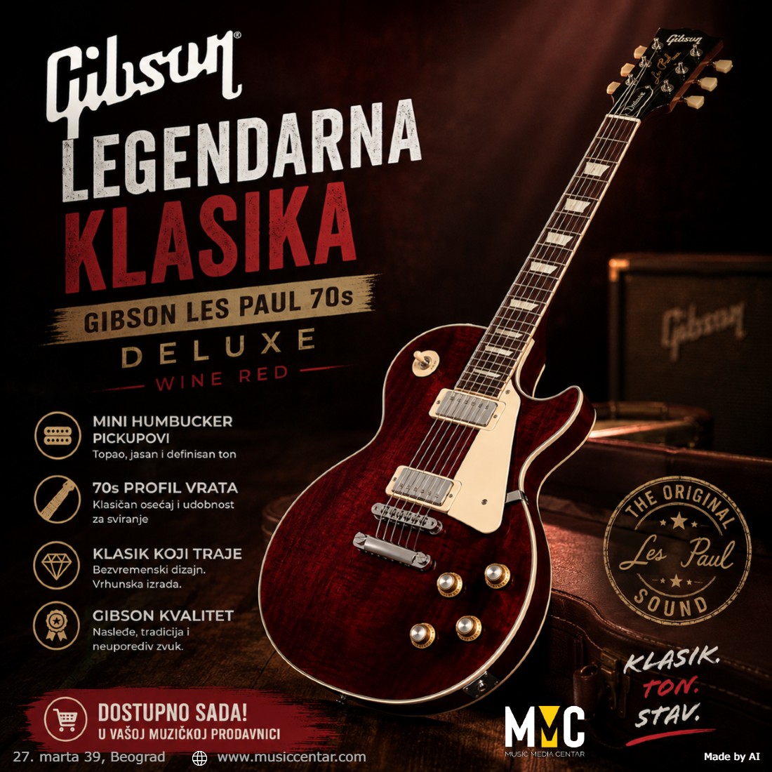 Music Media Centar Facebook ad: Gibson Les Paul 70s Deluxe Wine Red