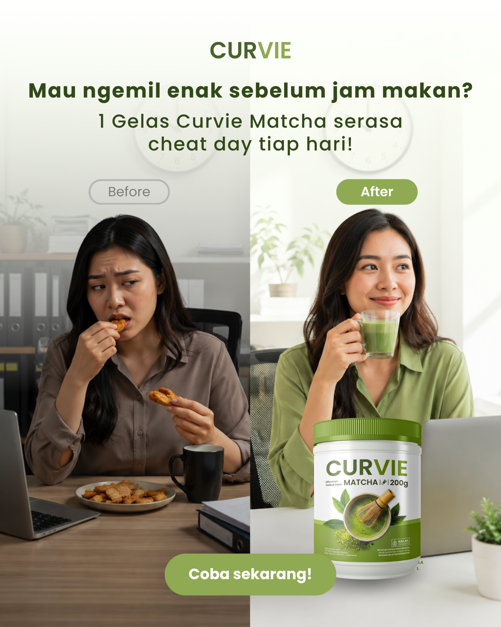 Curvie Matcha Facebook ad: Teman Diet Enak, Praktis & Bikin Kenyang