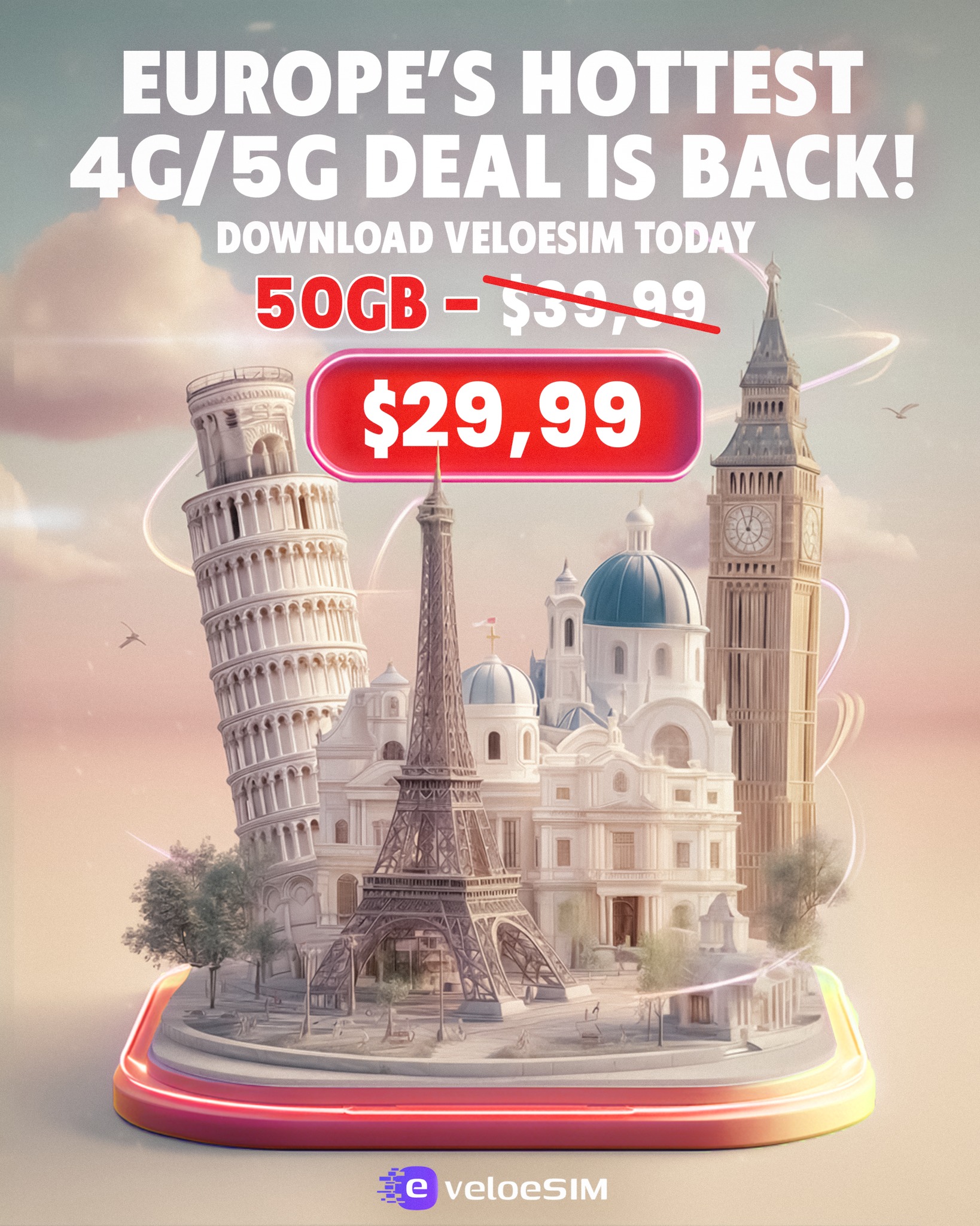 Velo ESIM Facebook ad: Europe Travel eSIM, 50GB for Only $29.99!
