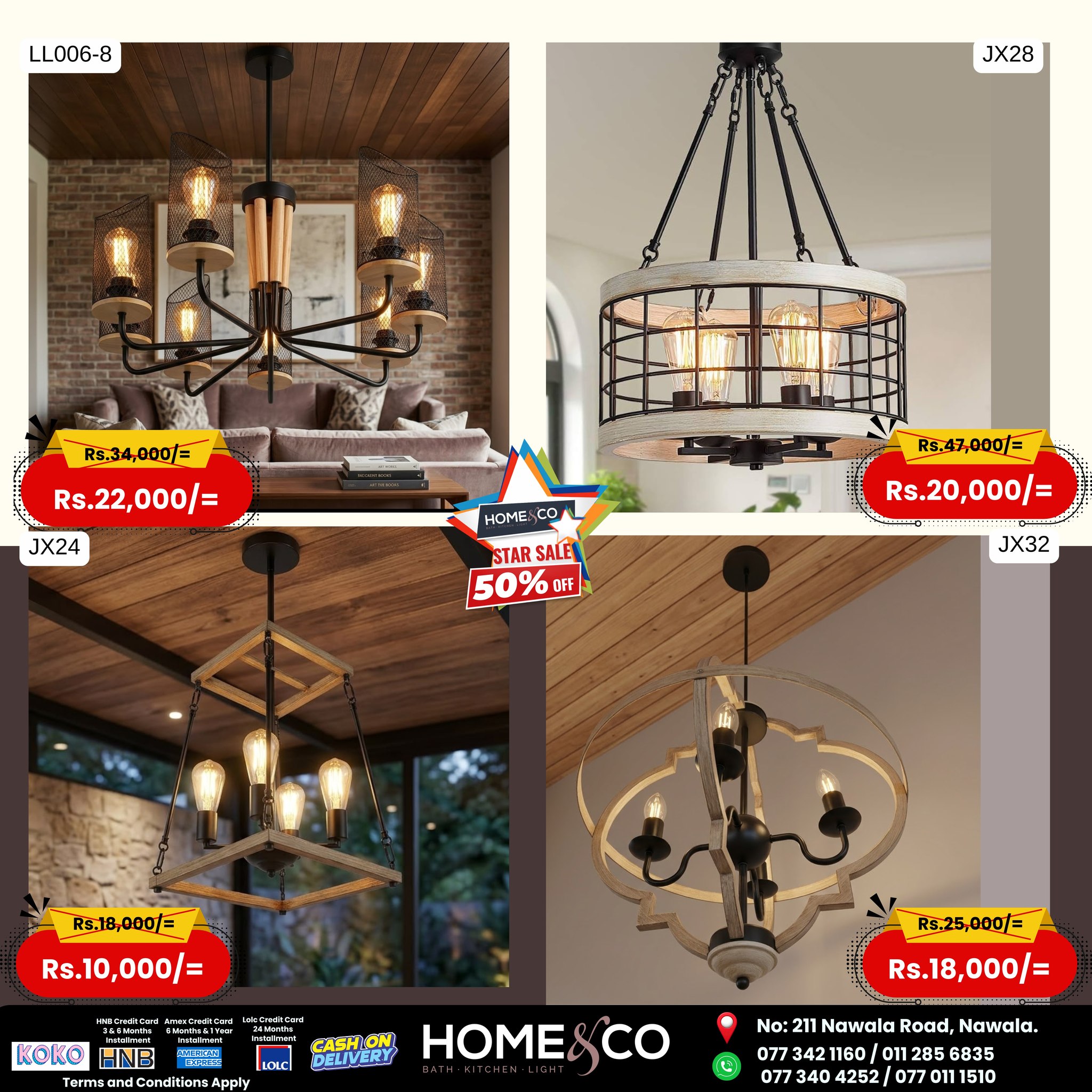 HOME & CO Facebook ad: **STAR SALE, UP TO 50% OFF ON LIGHTS!**