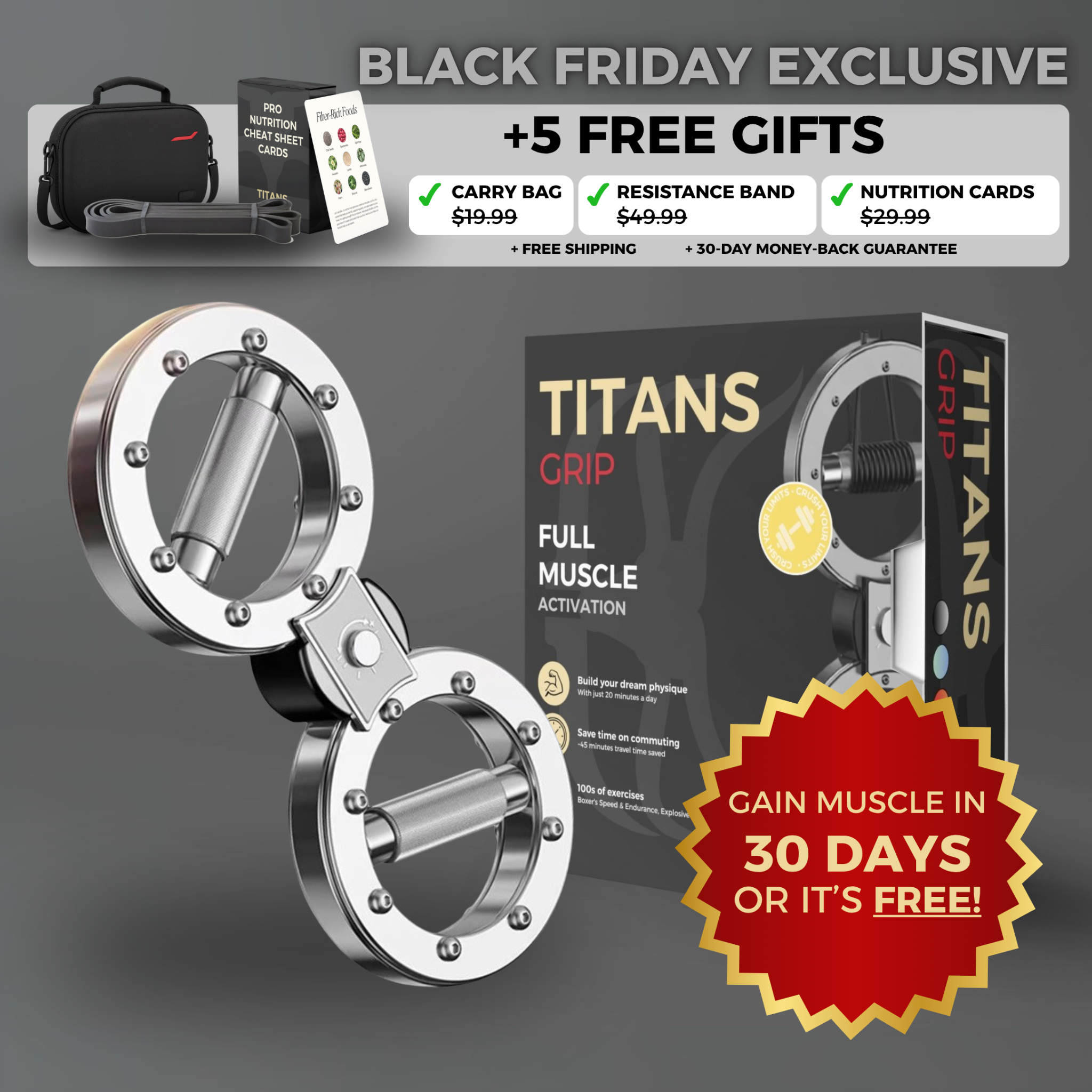 The Titans Grip Facebook ad: Black Friday: Get Titan's Grip + $129.99 FREE Bonuses