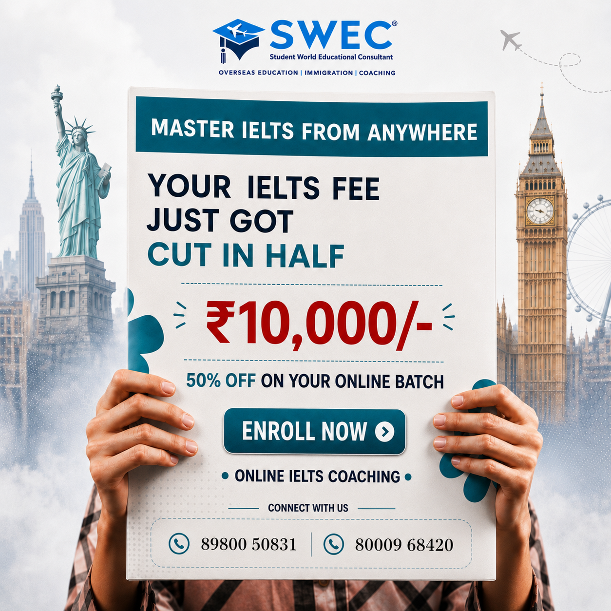SWEC Education & Immigration Services India Facebook ad: 50% OFF Your IELTS Preparation