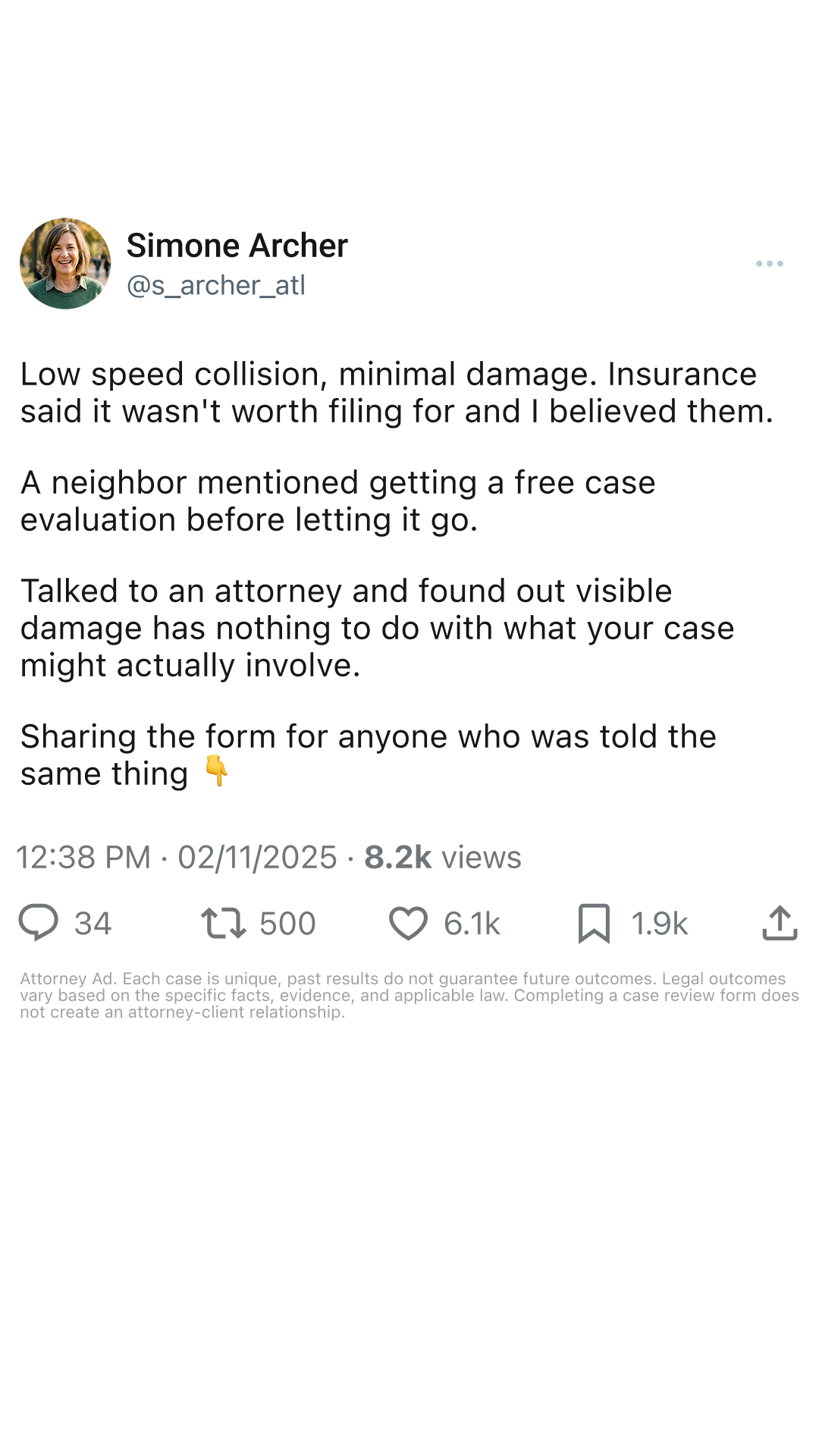 Vehicle Injury Claim Facebook ad from Jun 4, 2026