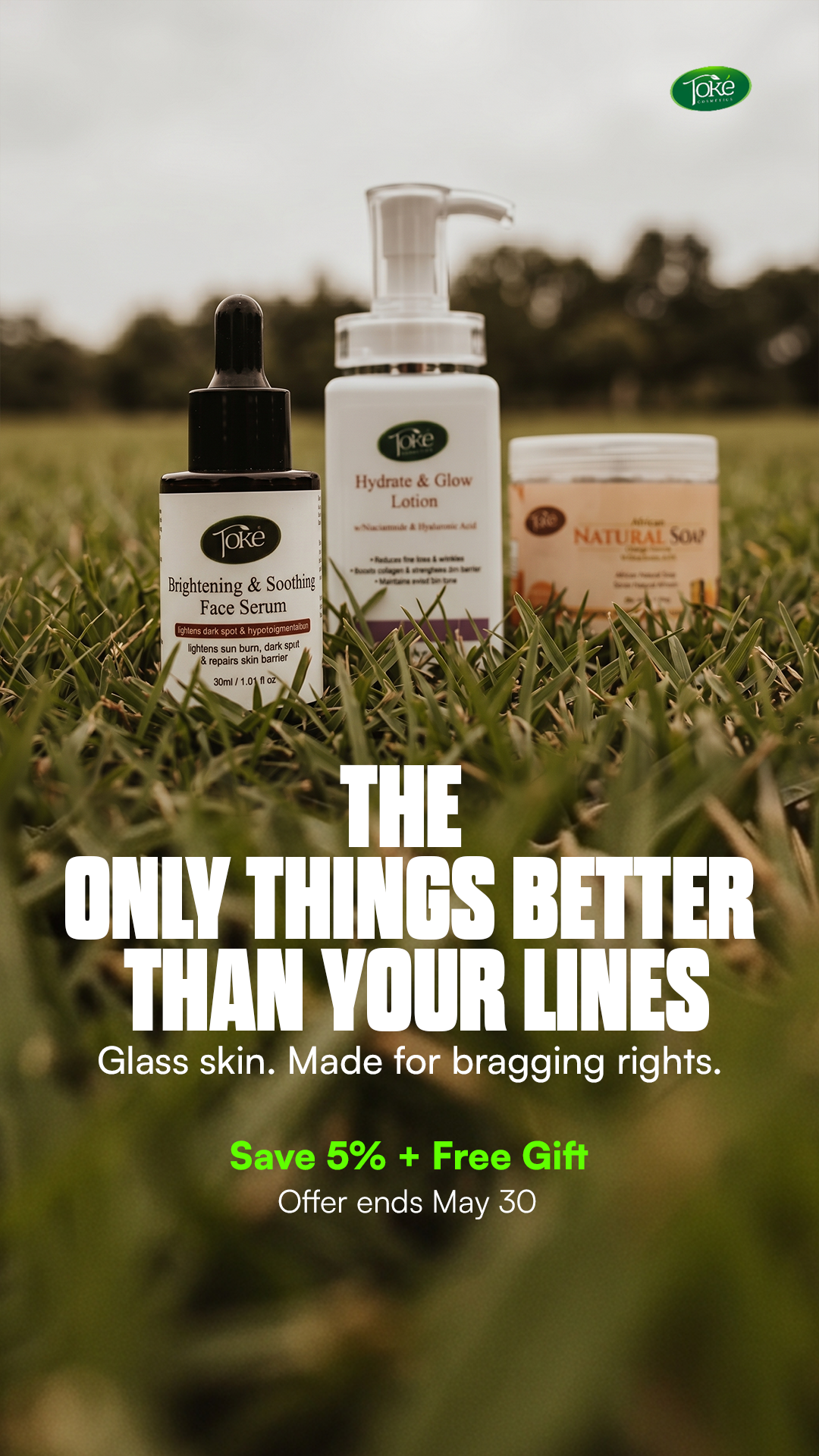 Toke Cosmetics Facebook ad: Glass skin. Made for bragging rights.