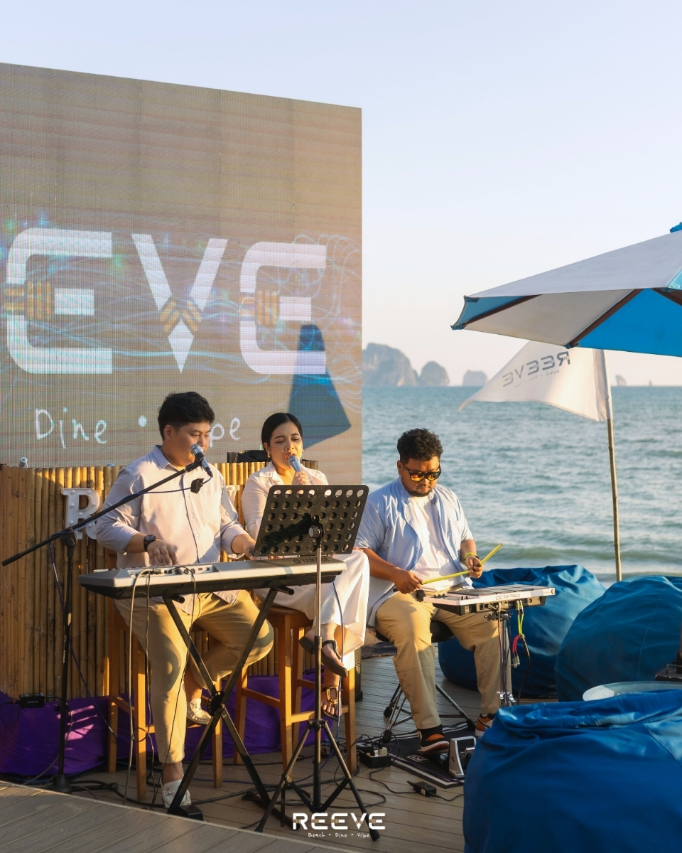 REEVE Beach Club Krabi Facebook ad: Golden hour, live music and ocean views.