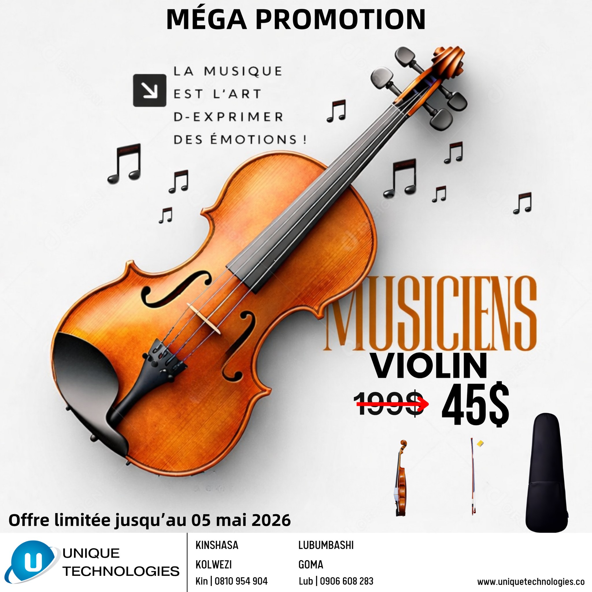 Unique Technologies Lubumbashi Facebook ad: VIOLON, PROMOTION EXCEPTIONNELLE POUR MUSICIENS
