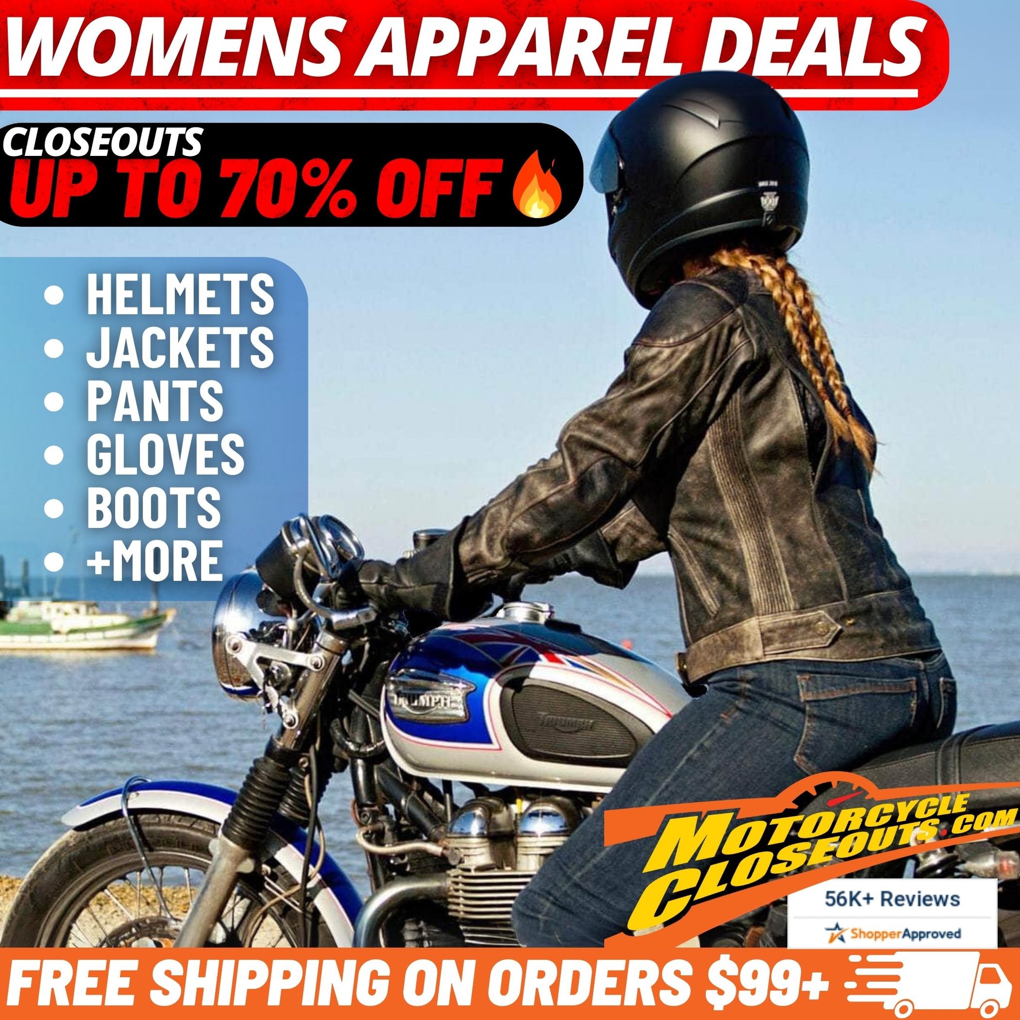 MotorcycleCloseouts Facebook ad: Huge Savings on Women's Motorcycle Gear!