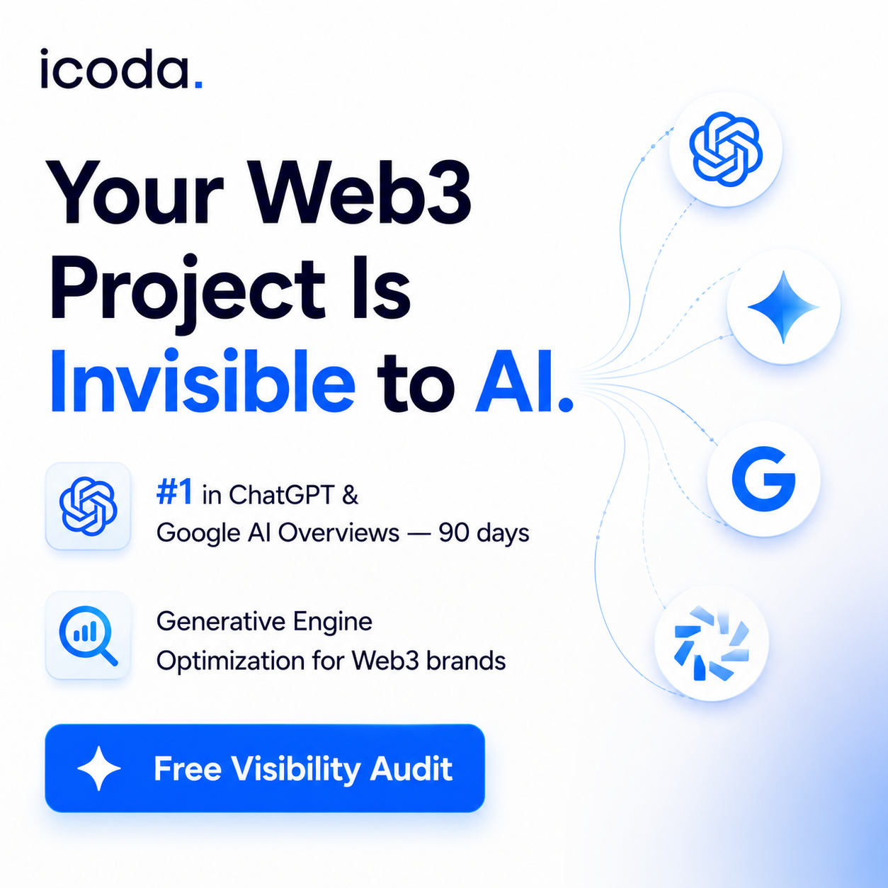 ICODA Agency Facebook ad: All-In-One Web3 Marketing.
