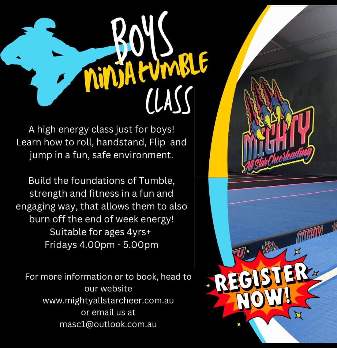 Mighty All Stars Cheerleading Facebook ad: Ninja Tumble is Back