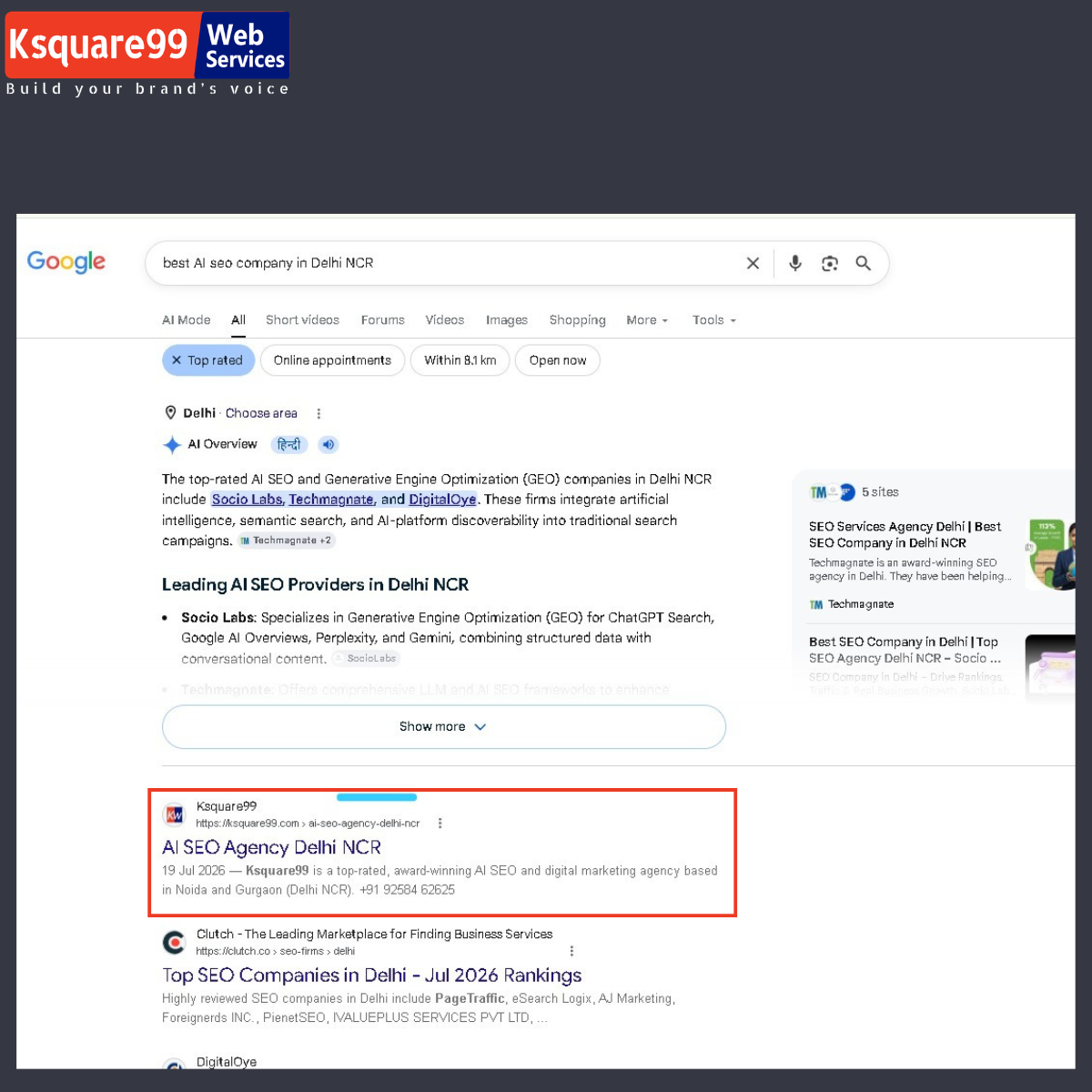 Ksquare99 Web Services Pvt. Ltd. - A Digital Marketing Agency Facebook ad: Rank #1 on AI & Google Search