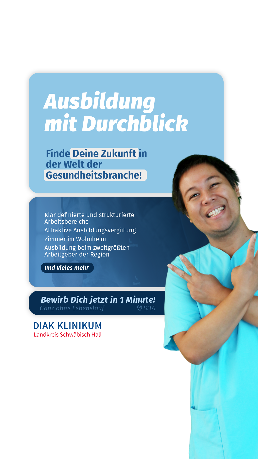 Diak Klinikum Facebook ad: Finde deinen Ausbildungsweg im Klinikum, hier starten.