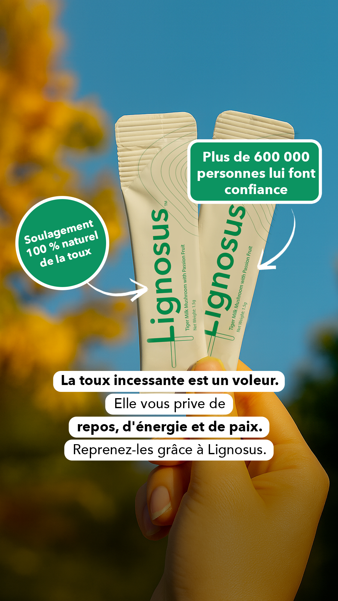 Lignosus Europe Facebook ad: Un sachet par jour éloigne la toux.