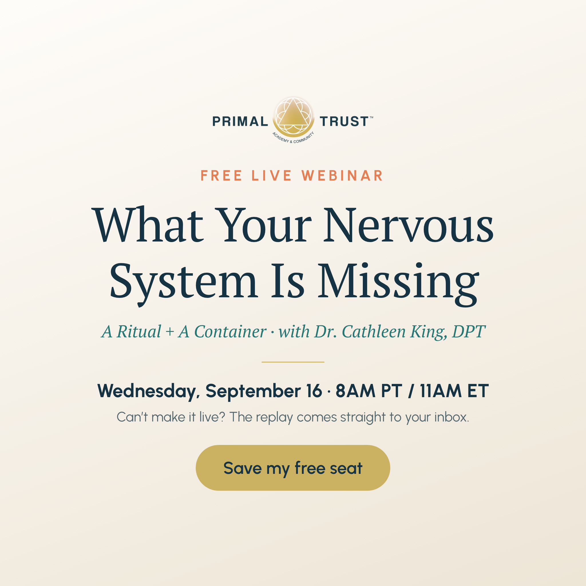 Primal Trust Academy & Community with Dr. Cathleen King Facebook ad: FREE Live Webinar: Register Now