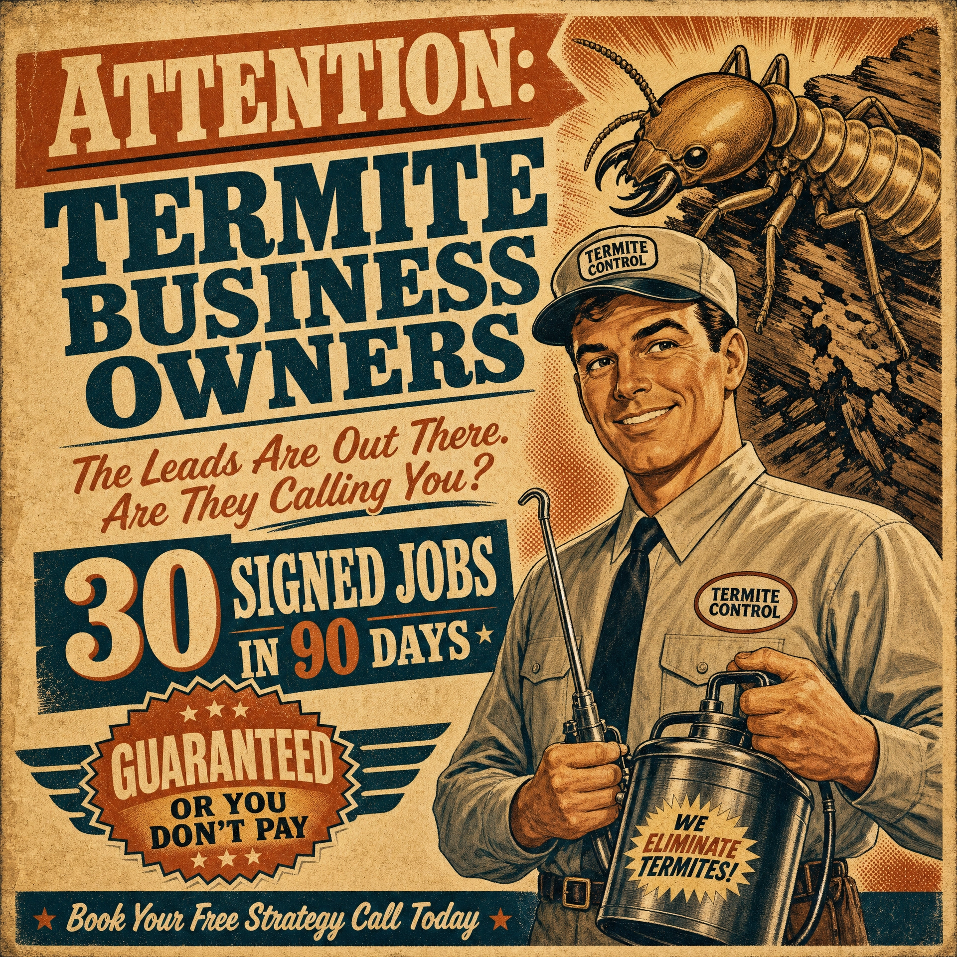 Pest Pipeline Solutions Facebook ad: 30 Termite Sales in 90 Days Guaranteed!
