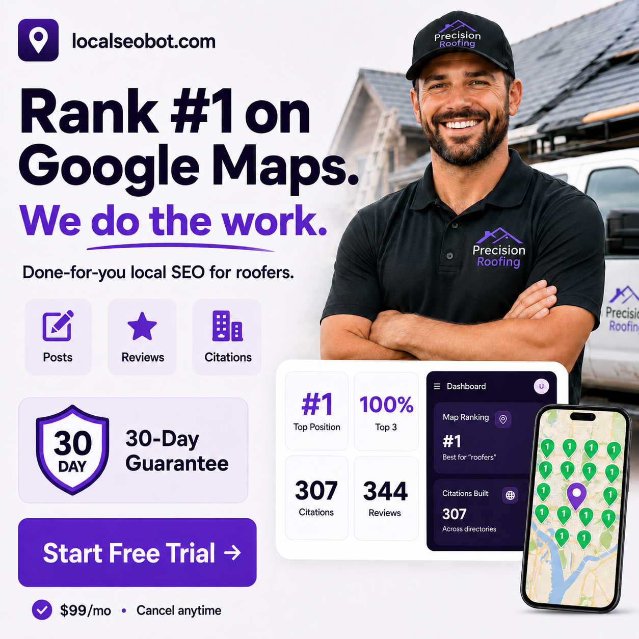 Local SEO Bot Facebook ad: Roofers: rank #1 on Google Maps in 2 weeks