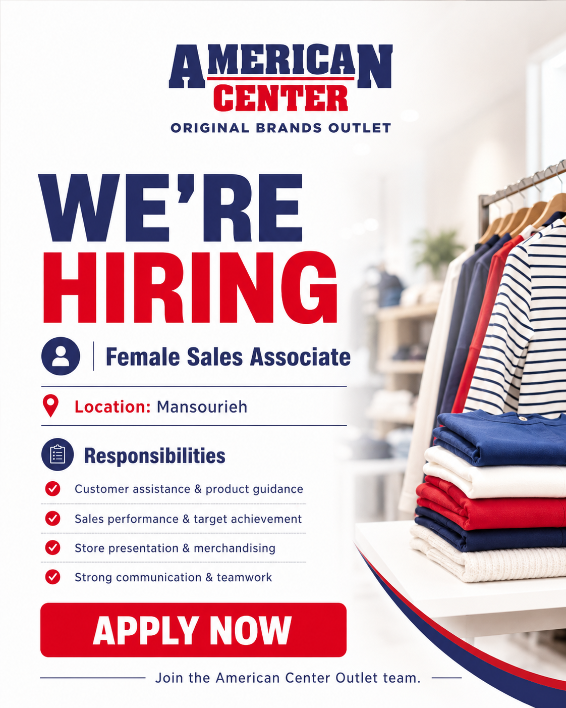 American Outlet Center Facebook ad: Apply Now!